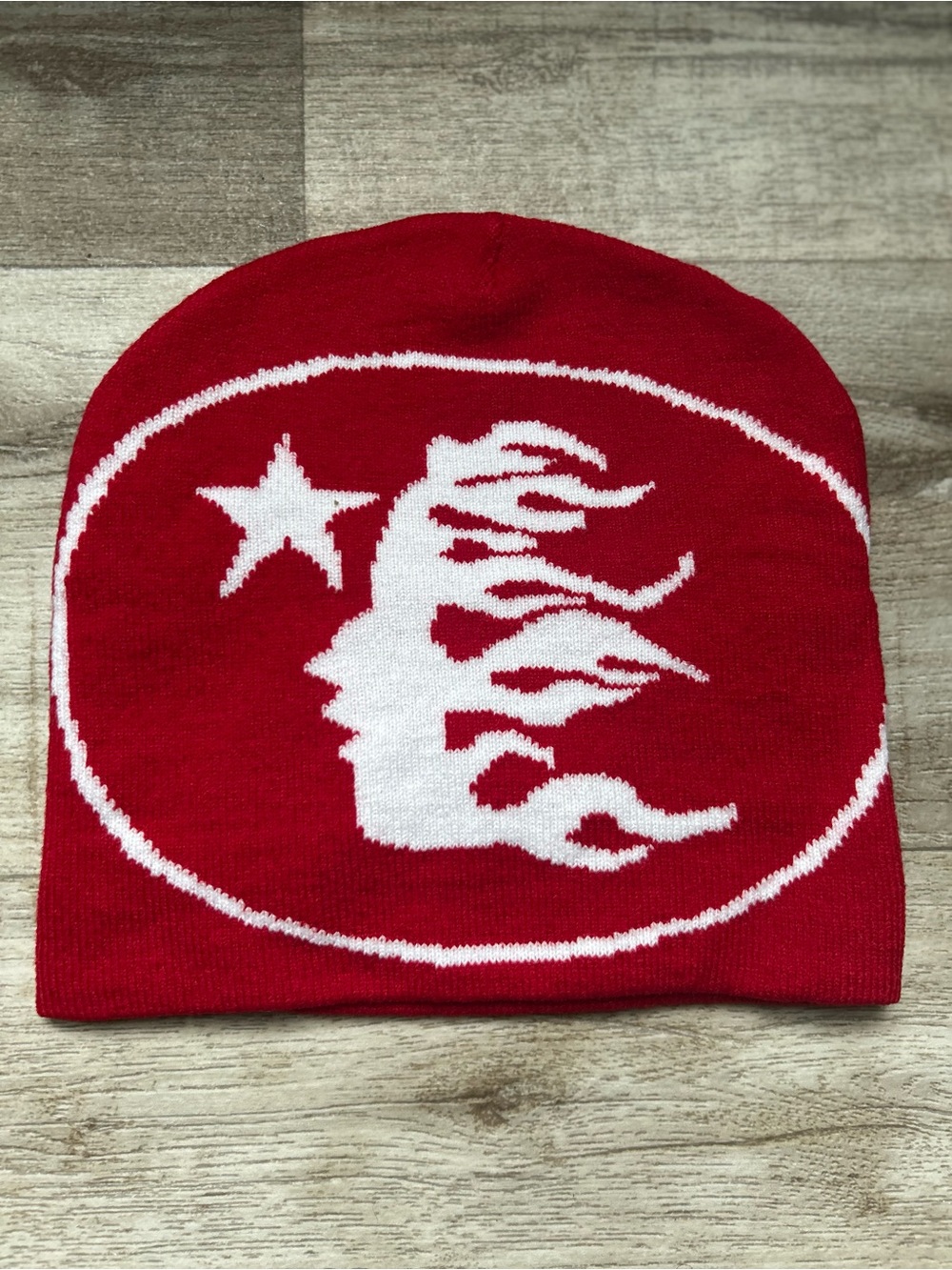 Red Knit Beanie Hat with White Flame Profile